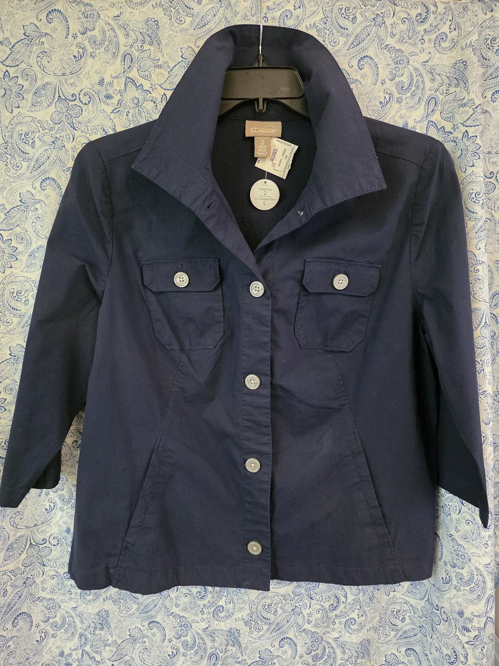 Chico's Cotton Navy Button-Front Utility Jacket-Size Large- NWT